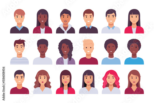 Diverse Avatars: A colorful collection of modern, stylish avatar illustrations, showcasing a variety of diverse faces and expressions, ideal for representing individuality and digital identity.