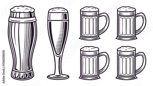 Collection of six different beer glasses and mugs filled with frothy beer