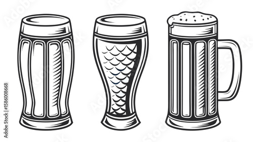 Three different styles of beer glasses shown in a black and white illustration