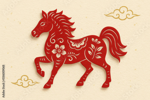 Elegant red paper cut horse with floral patterns symbolizing good fortune, chinese new year luck, festive traditional decoration