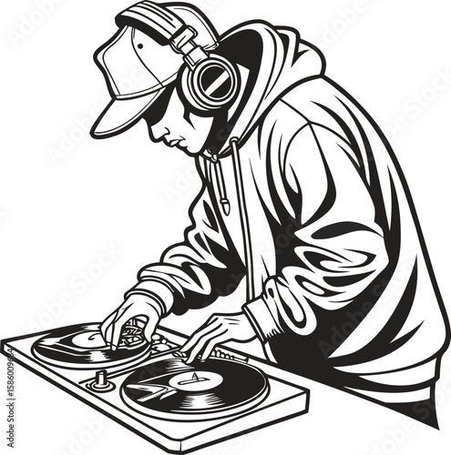 Bold Black and White DJ Illustration with Turntables and Headphones
