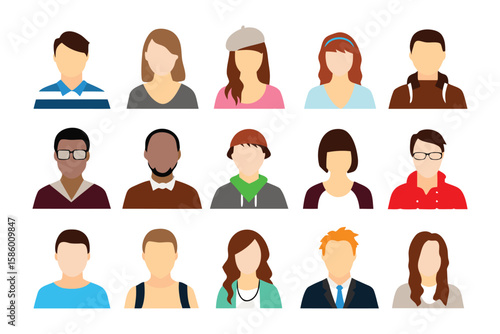 Profile icons: A vibrant collection of diverse profile icons, illustrating a spectrum of identities and styles, perfect for representing a community or demographic group. 