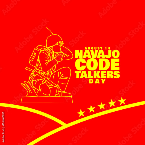 Navajo Code Talkers Day to celebrate on August 14th. Illustration of a soldier using a long-distance communication device on a red background.
