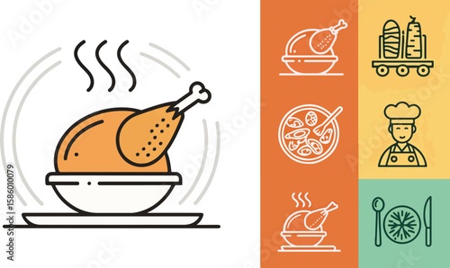 Tandoori Chicken Illustration vector design, Chicken Tandoori Logo and icon design, Set of Grill Chicken vector design