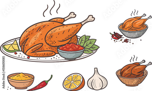 Set of Tandoori Chicken Illustration vector design, Chicken Tandoori Logo and icon design, Grill Chicken vector design