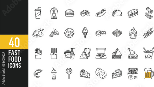 Collection of forty outlined fast food icons showing classic foods