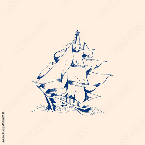 Engraved pirate ship vector illustration. Vintage monochrome etching of a classic vessel design