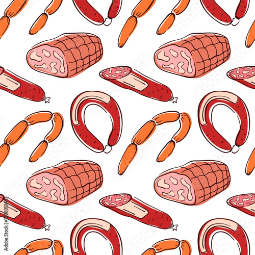 Seamless flat style pattern with sausage and ham on white background. Perfect for butcher shop, packaging food, background kitchen, menu or traditional meat cuisine design.
