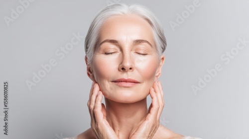 Elegant older woman with silver hair, closed eyes, and serene expression, gently touching her face against a neutral background