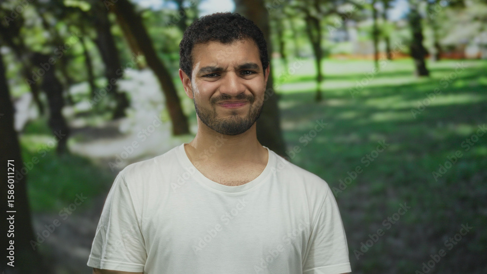 Fototapeta premium Man with short curly hair frowns wearing white t shirt in green park under dappled sunlight; skepticism.