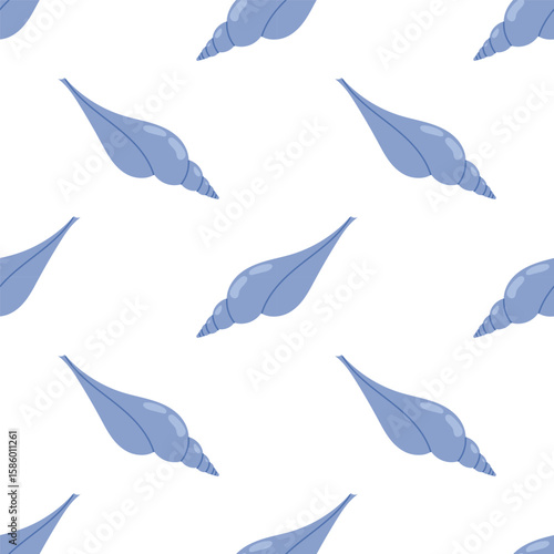 Seamless pattern with blue seashells on white background. For summer textiles and beach designs, summer, ocean.
