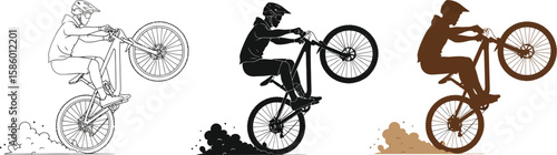 Three stylized illustrations showcase a mountain biker performing a wheelie, depicted in line art, black silhouette, and brown silhouette, highlighting extreme sports and cycling.