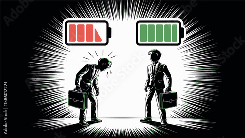 Businessmen with low and high battery levels showing burnout and energy contrast concept
