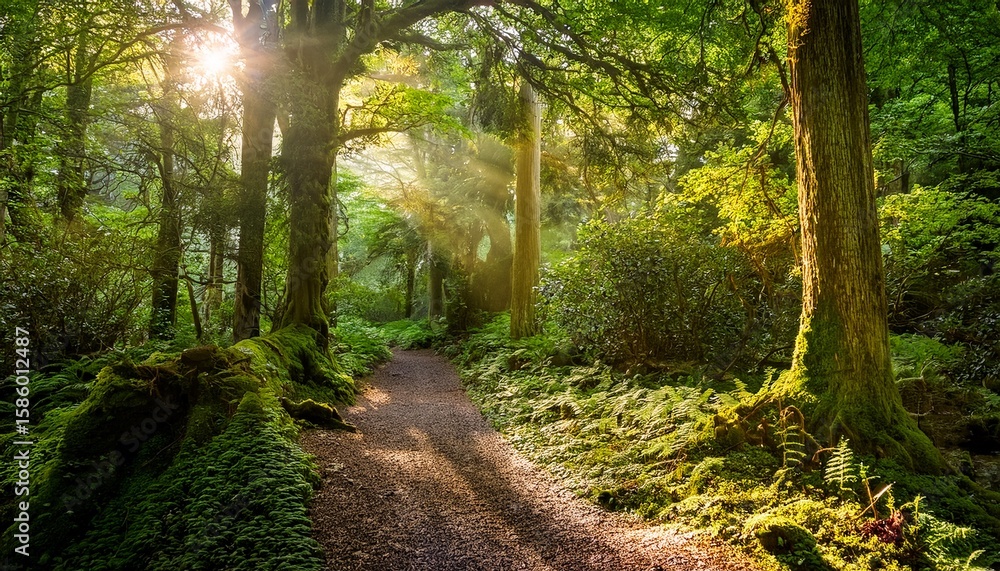 Obraz premium sunlight streams through the lush green canopy illuminating a forest path in a serene woodland scene