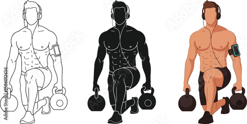 Three stylized illustrations showcase a muscular man doing lunges with kettlebells, wearing headphones and a phone armband, presented in line art, silhouette, and color versions.