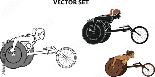 Three vector illustrations showcase a determined female athlete propelling a racing wheelchair, highlighting inclusivity and athletic prowess in a dynamic and modern design.