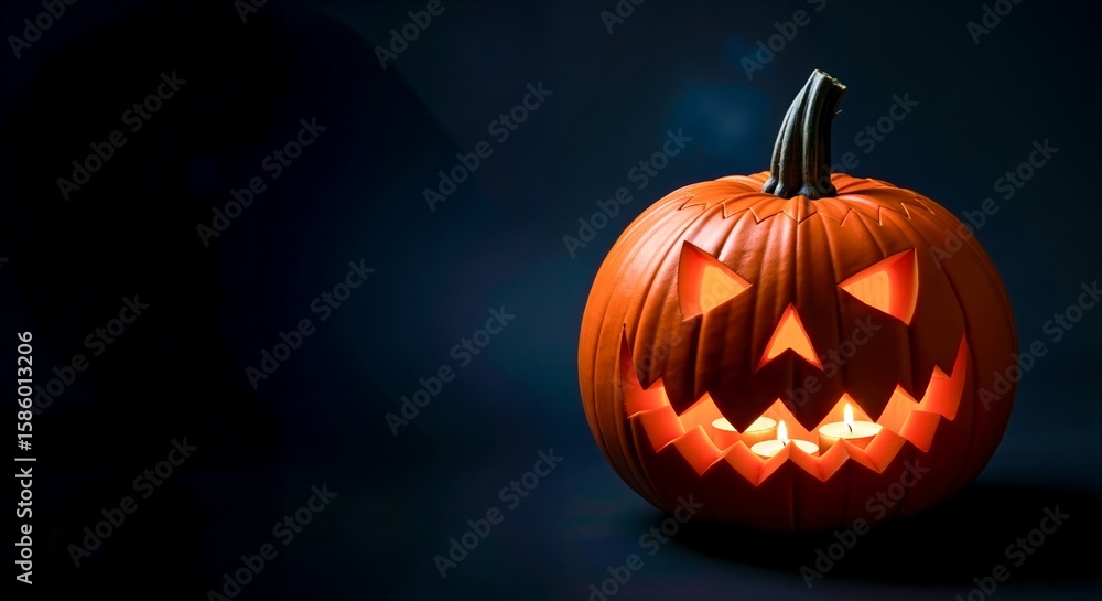 Naklejka premium Carved jack-o'-lantern with glowing eyes and a candle inside against a dark blue background. Concept for halloween festivities and spooky autumn celebrations