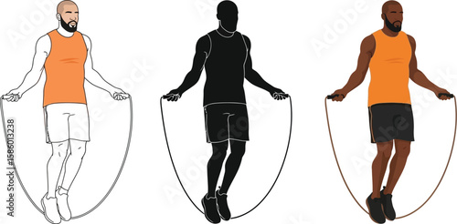Three illustrations showcase a man jumping rope, depicted in line art, silhouette, and full color, highlighting fitness, exercise, and diverse artistic styles for athletic content.