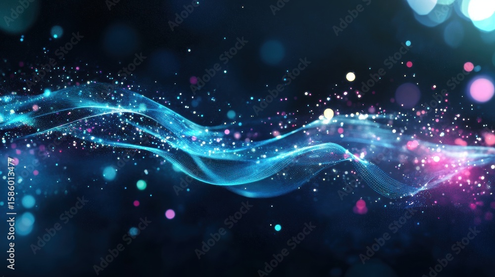 Fototapeta premium Abstract Blue and Pink Glowing Wave Background with Sparkling Particles