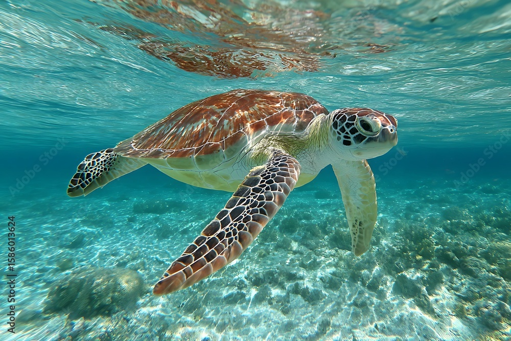 Fototapeta premium Sea turtle swimming gracefully in crystal clear turquoise ocean water