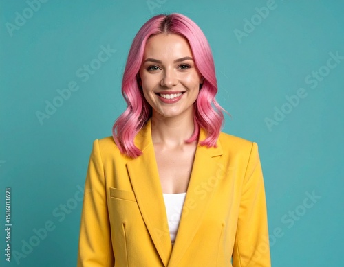 Smiling person with pink hair in yellow jacket.