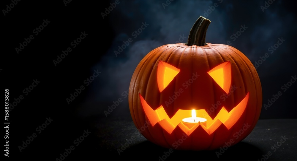 Obraz premium Carved jack-o'-lantern with glowing eyes and a candle inside against a dark, smoky background. Concept for halloween festivities and spooky autumn celebrations