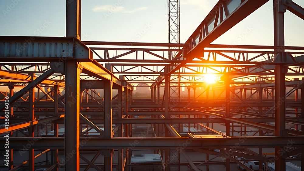 Fototapeta premium Geometric steel beams under golden hour light, showcasing industrial strength and architectural beauty.