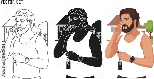 A vector set showcases a bearded man in three styles line art, silhouette, and full color standing in front of a house, holding a nasal spray, suggesting allergy relief.