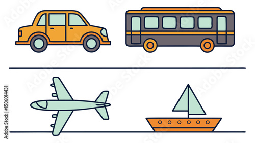Collection of cartoon vehicles including car bus airplane and sailboat on white background