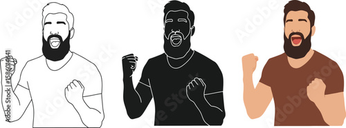 Celebrating success with a vector illustration of a bearded man in three styles, showcasing excitement and achievement with raised fists and an open mouth, perfect for expressing victory.