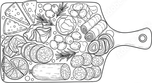 Delicious charcuterie board illustration featuring cheese, meats and fruits