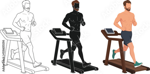 Three versions of a man running on a treadmill are showcased, including a line art version, a silhouette, and a fully colored illustration, ideal for fitness and exercise themes.