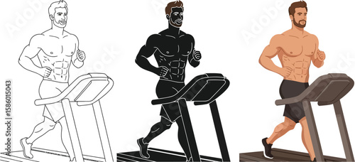 Three depictions of a muscular man running on a treadmill showcase fitness, health, and exercise, ideal for illustrating gym workouts, cardio training, and healthy lifestyle concepts.