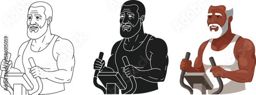 Three stylized illustrations showcase a man working out on an elliptical machine, presented in line art, silhouette, and full color, highlighting fitness and healthy lifestyle choices.