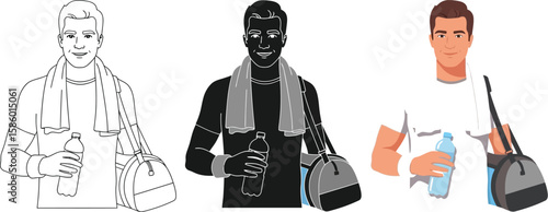 A fit man illustration showcases three styles, line art, silhouette, and full color, holding a water bottle and gym bag, embodying health, fitness, and active lifestyle.