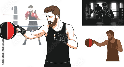A focused boxer with a beard trains with a speed bag, showcasing his athletic physique and determination in a dynamic boxing workout, suitable for fitness and sports themes.
