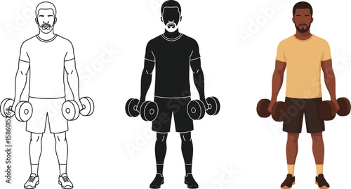 Illustration showcases a man lifting dumbbells in three styles line art, silhouette, and full color, highlighting fitness, exercise, and healthy lifestyle choices.