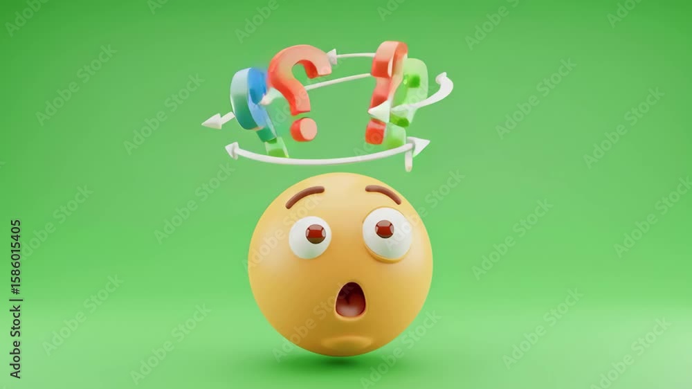 Animation of a confused emoji with question marks on a green screen, transparent background, symbolizing doubt, uncertainty, problem-solving, and the concept of a difficult choice