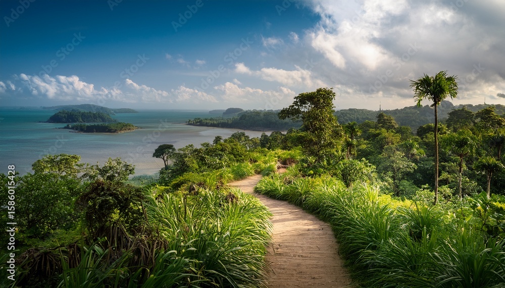 Fototapeta premium a lush secluded island landscape with a winding path through untouched natural surroundings
