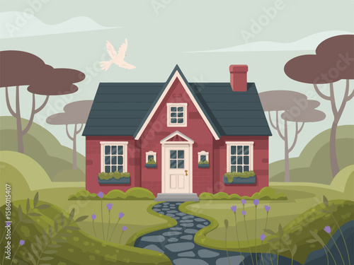 Dreamy countryside retreat Cozy red house vector illustration against a serene backdrop.