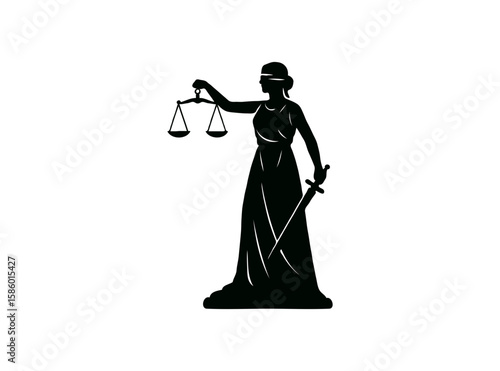 Lady justice silhouette holding scales and sword isolated on transparent background