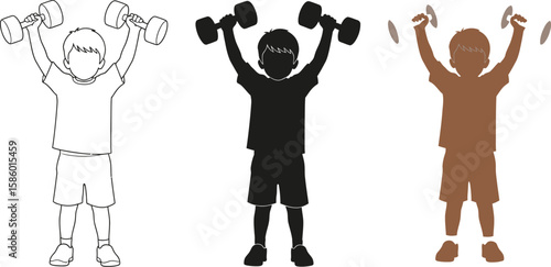 Three stylized illustrations showcase a young boy lifting dumbbells, depicted in line art, solid black silhouette, and brown silhouette, highlighting fitness and healthy lifestyle.