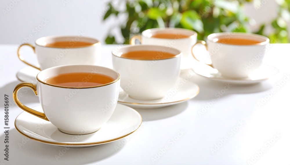 Four teacups of golden tea on a white surface Four teacups of golden tea on a white surface