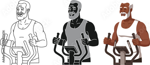 Three versions of a senior man are depicted exercising on an elliptical machine, showcasing line art, grayscale, and full color, ideal for fitness and health illustrations.