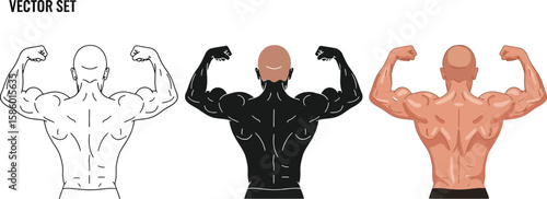 Three muscular men flexing their biceps are showcased in a vector set, highlighting different skin tones and artistic styles, perfect for fitness or health related designs.