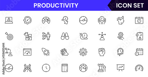 Productivity vector web line icon collection, sleek illustrations of tasks, clocks, calendars, efficiency tools for streamlined, effective designs.