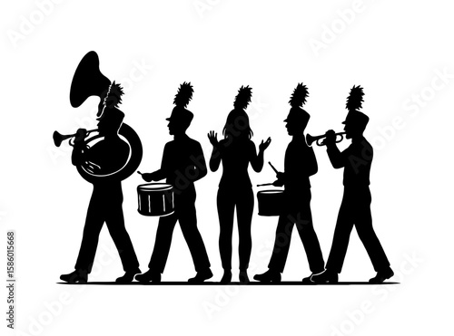 silhouette of a marching band with tuba, drums, and trumpets on a transparent background, featuring five figures
