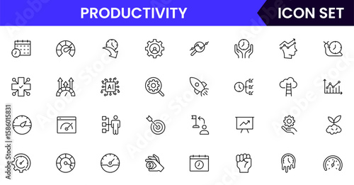 Productivity vector web line icon collection, sleek illustrations of tasks, clocks, calendars, efficiency tools for streamlined, effective designs.