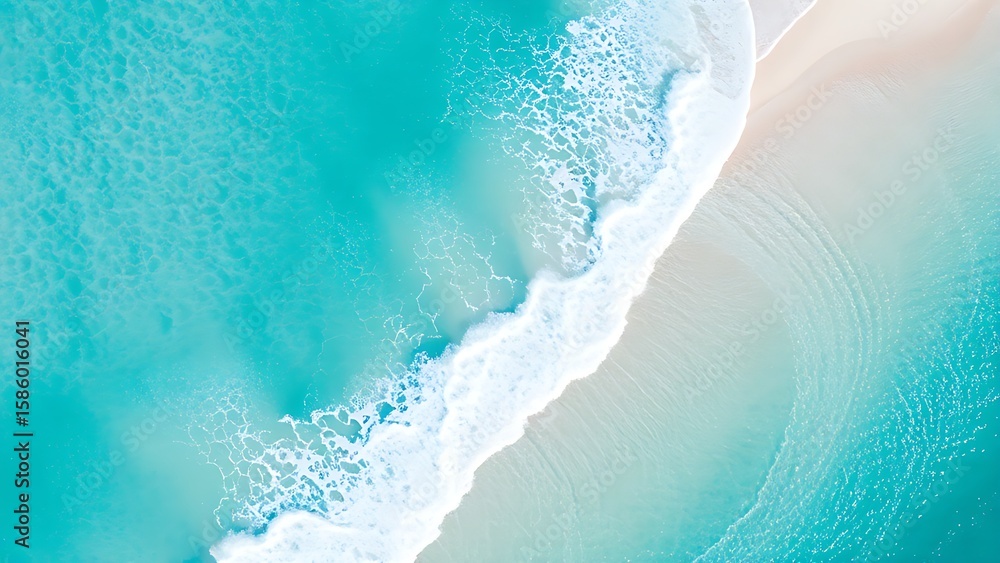 Naklejka premium Aerial view of a tropical coastline, capturing the serene beauty of ocean and sand.