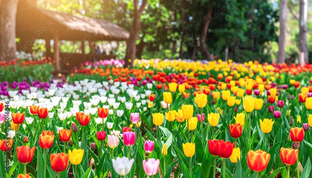 Fototapeta premium Colorful tulip field under sunny sky